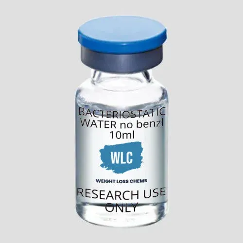 Bac Water 10ml no benzyl Alc: 10ml bacteriostatic water in a glass vial, for research use only.