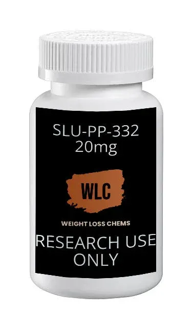 SLU-PP-332 20mg Supplement Bottle: Weight loss research supplement in a white bottle with black label.